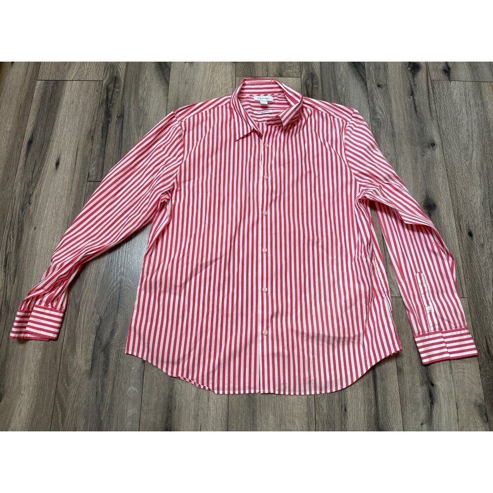 Calvin Klein Mens Slim Fit Stretch Cotton Button-Up Shirt Red/White Striped XXL